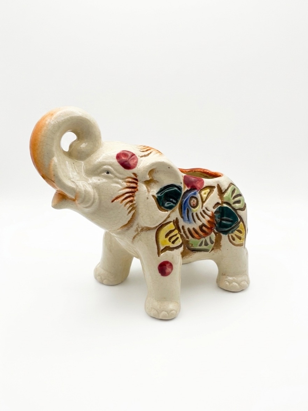 Vintage Hand Painted Ceramic Elephant Planter Pot Crackle Glaze